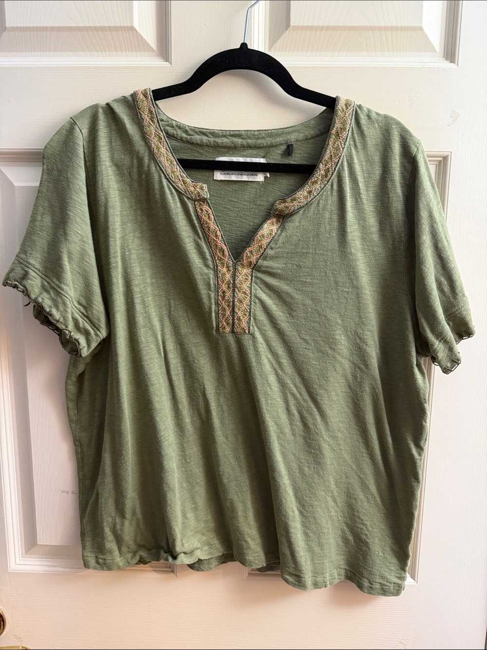 Aventura Olive Green Embroidered V-Neck Short Sleeve Top